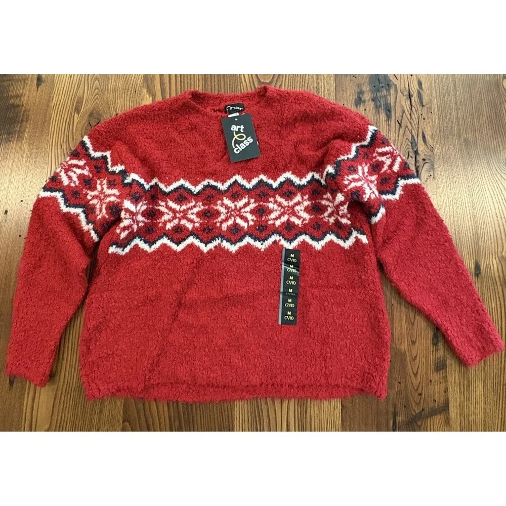 Art Class Girls Fuzzy Crewneck Pullover Sweater Red Size M (7/8) NWT